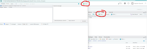 Image of commit pop-up window and git tab with green push arrow circled.